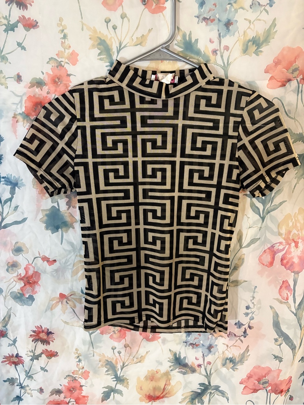 Vintage Mesh Geometric Print Short Sleeve Tee - Black & Cream